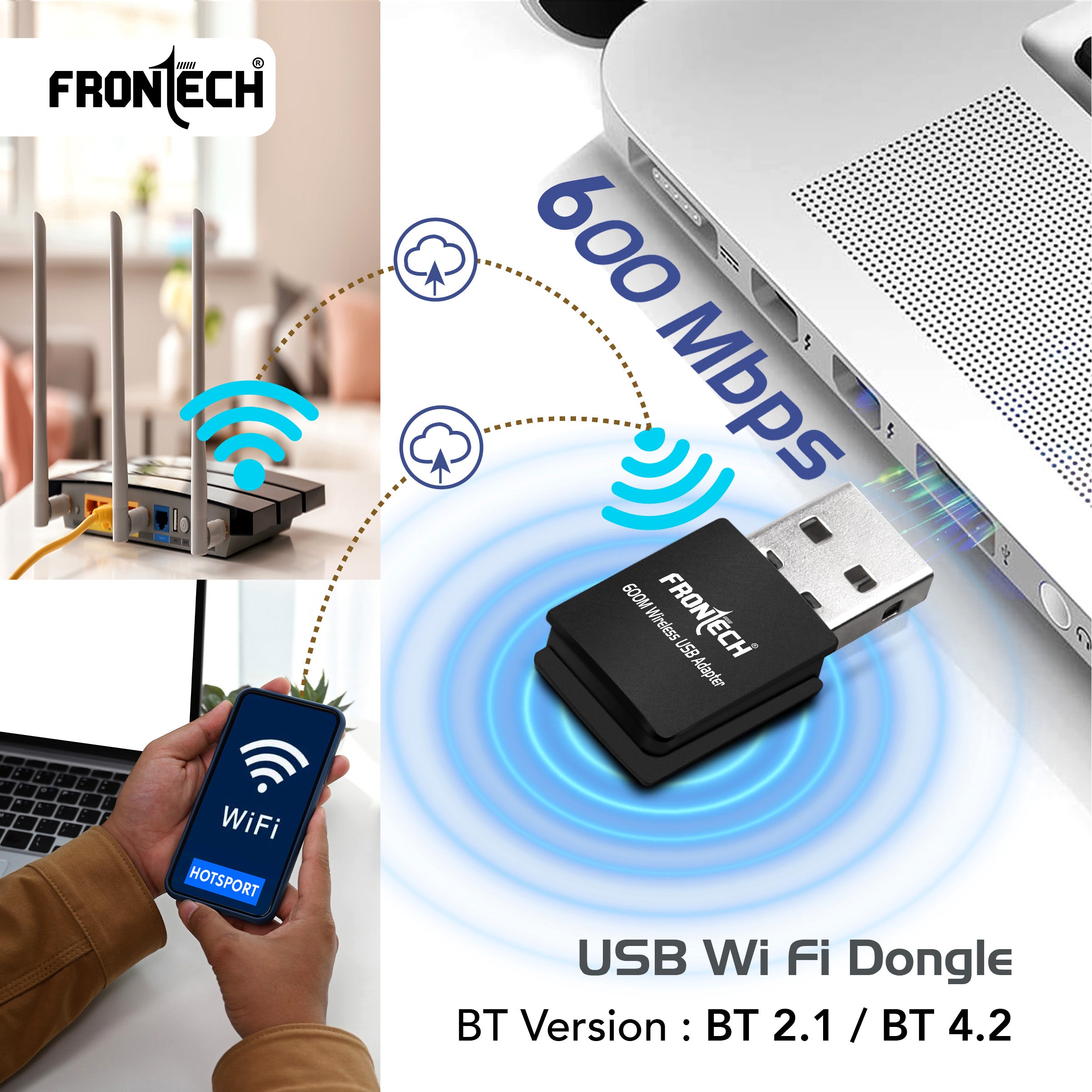 FRONTECH 600 Mbps USB Wi-Fi + Bluetooth Adapter | PC, Laptop | Dual Band (2.4GHz) | BT 4.2/2.1 | USB 2.0 | Wireless Network Card (Gaming, Work, Travel, Home) | Compatible with Windows 7/8/10/11/XP | WEP,WPA-PSK,WPA2-PSK Security | 10-20M Range (FT-0844) FRONTECH 600 Mbps USB Wi-Fi + Bluetooth Adapter | PC, Laptop | Dual Band (2.4GHz) | BT 4.2/2.1 | USB 2.0 | Wireless Network Card (Gaming, Work, Travel, Home) | Compatible with Windows 7/8/10/11/XP | WEP,WPA-PSK,WPA2-PSK Security | 10-20M Range (FT-0844)